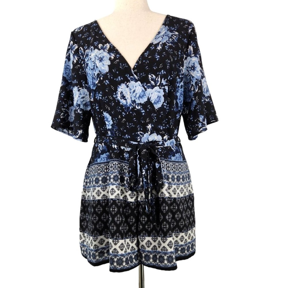 Blue Rain Women's Romper Black Blue Floral Print Tie Waist Zip Back Size Medium